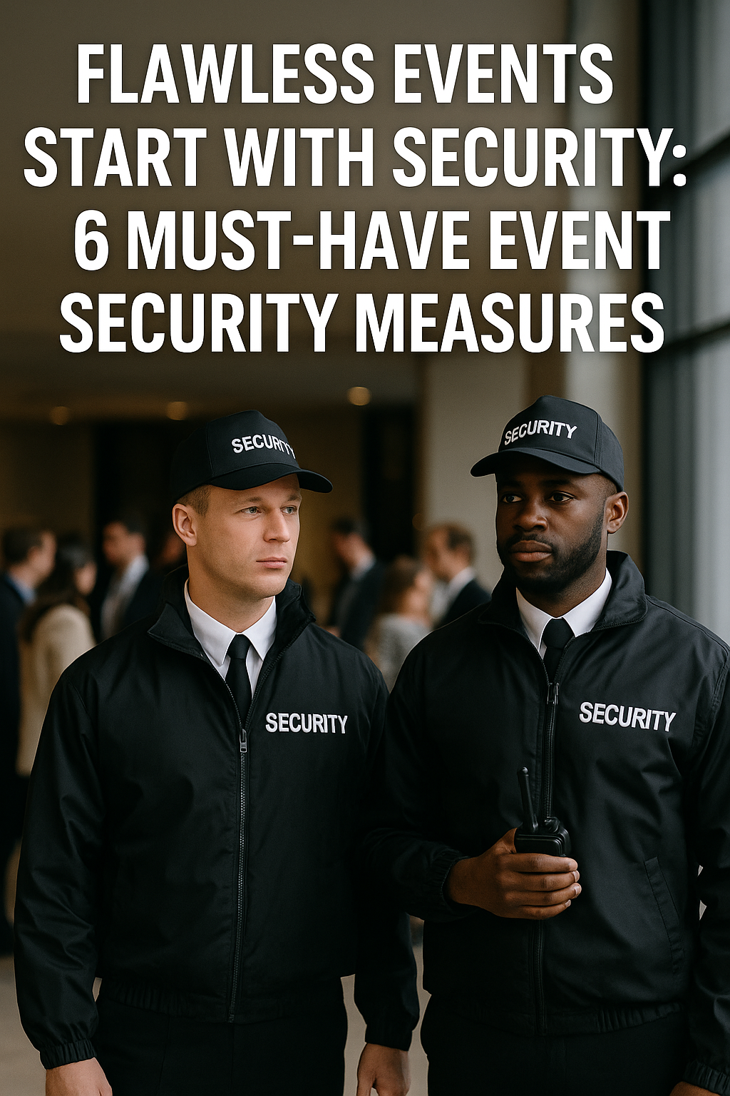 Event security guards patrolling a venue with guests in the background