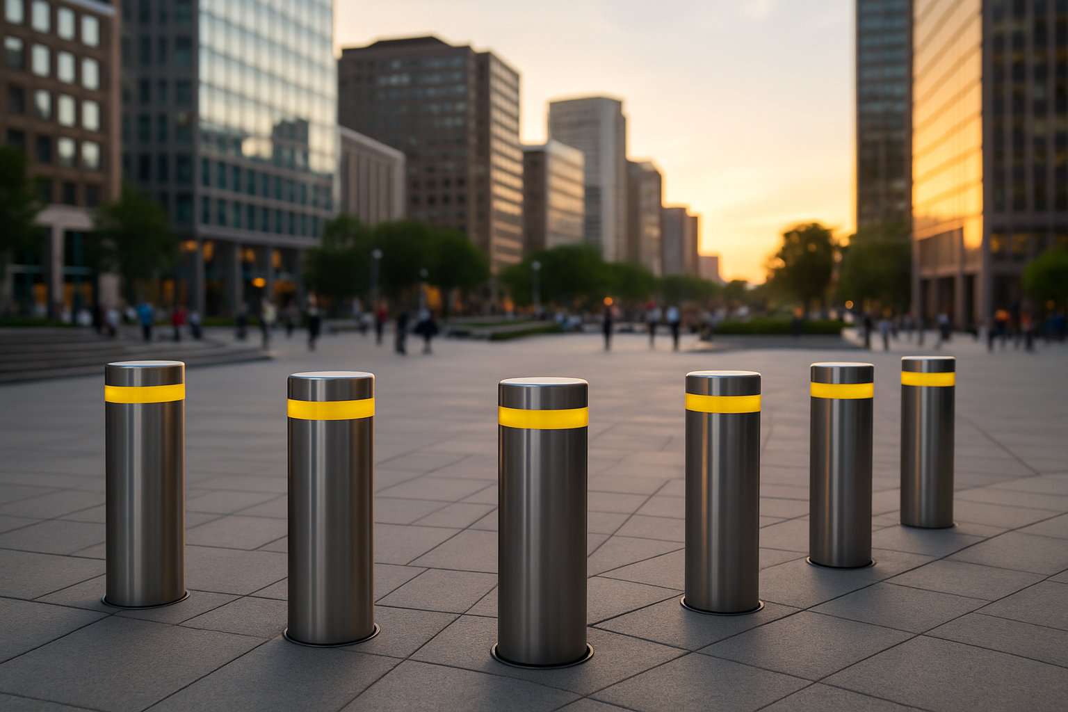 A row of modern safety bollards securing a public pedestrian plaza in a busy urban area.