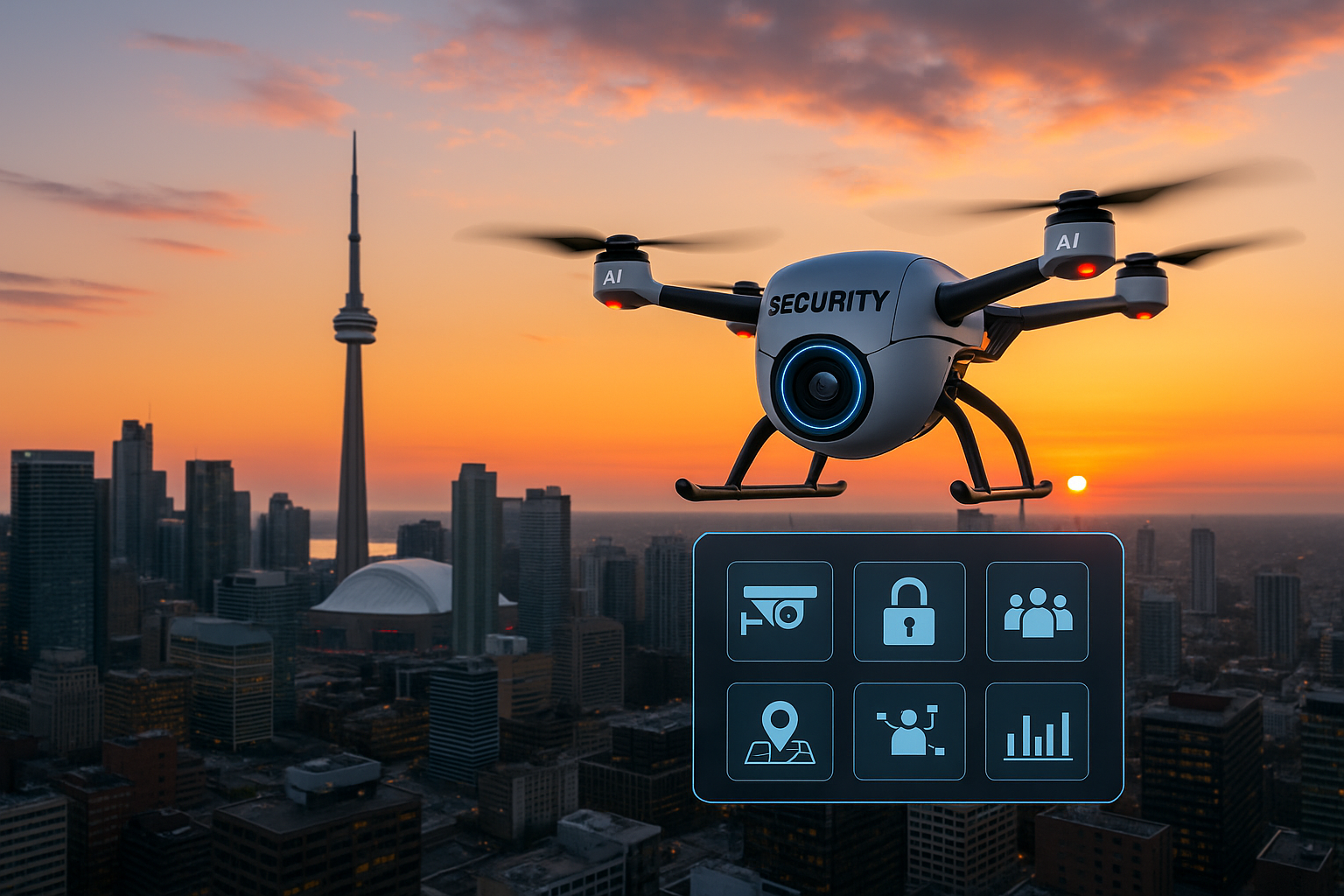 AI-powered surveillance drone monitoring public safety in a Canadian city at sunset.