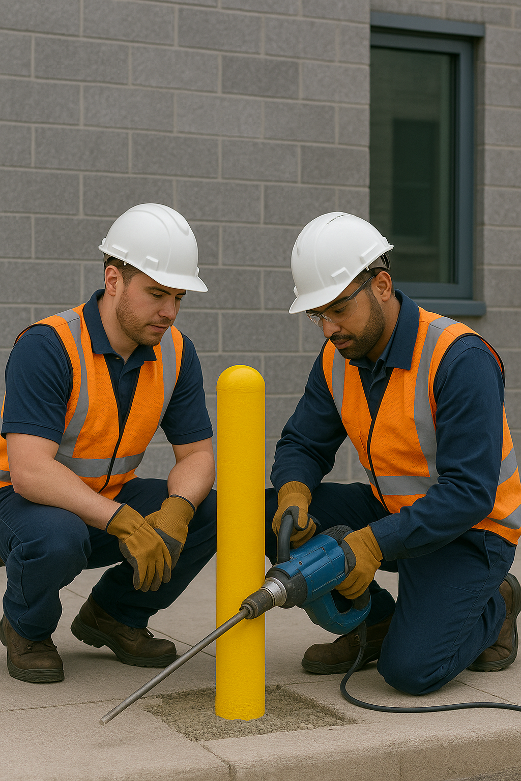 Bollards installed along a commercial driveway in Canada with warning signs and security cameras nearby.