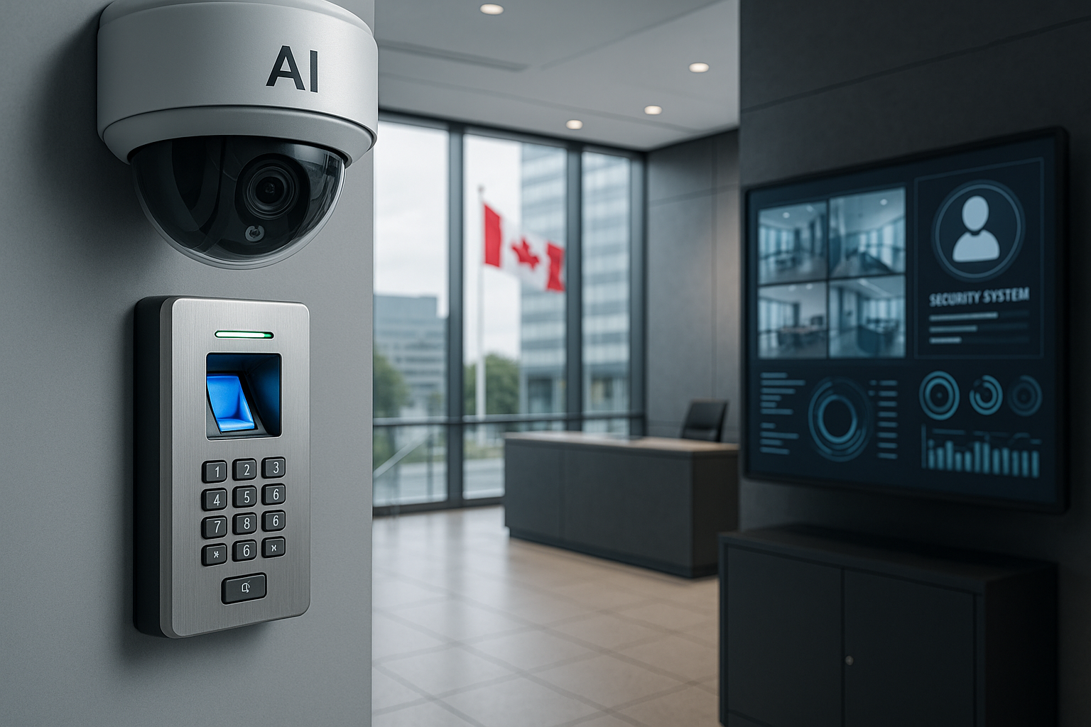 Modern AI security system in a Canadian office environment, showcasing surveillance and biometric access technology.