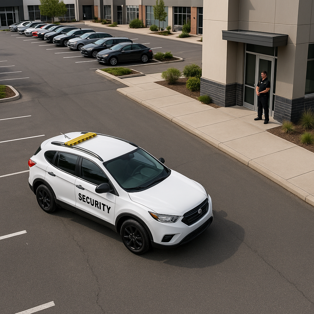 Mobile patrol vehicle labeled 'SECURITY' driving through a commercial complex parking lot, while an on-site security guard stands watch near a building entrance.