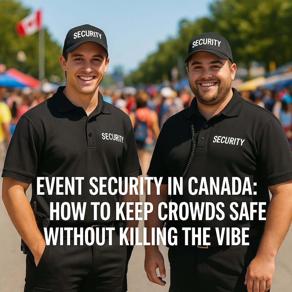 Two friendly, uniformed security guards smile while overseeing a vibrant crowd at a Canadian outdoor event.