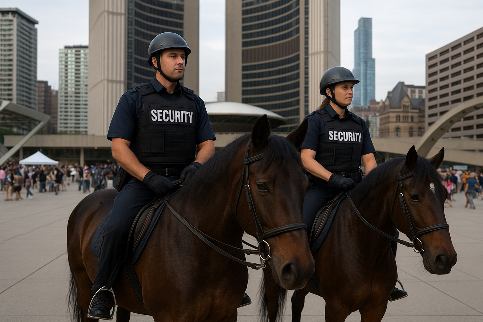 Two mounted security officers in navy blue uniforms and helmets sit on brown horses at Nathan Phillips Square in Toronto, with modern high-rise buildings and a crowd in the background.