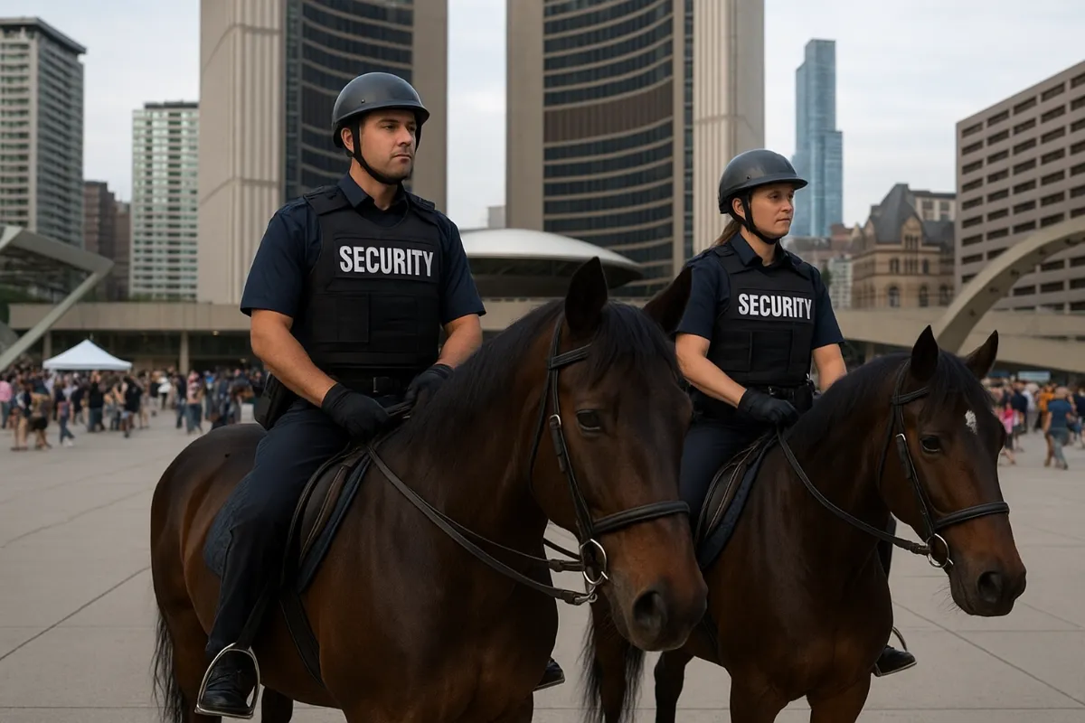 Two mounted security officers in navy blue uniforms and helmets sit on brown horses at Nathan Phillips Square in Toronto, with modern high-rise buildings and a crowd in the background.