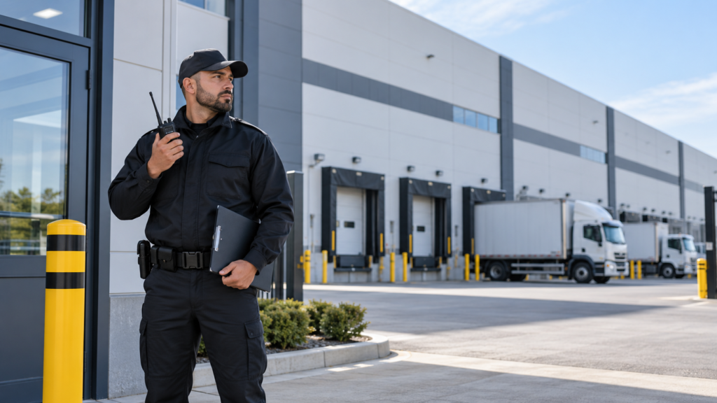 Security guard monitoring a warehouse