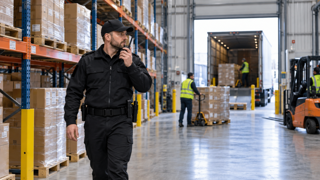Warehouse security guard patrolling inventory