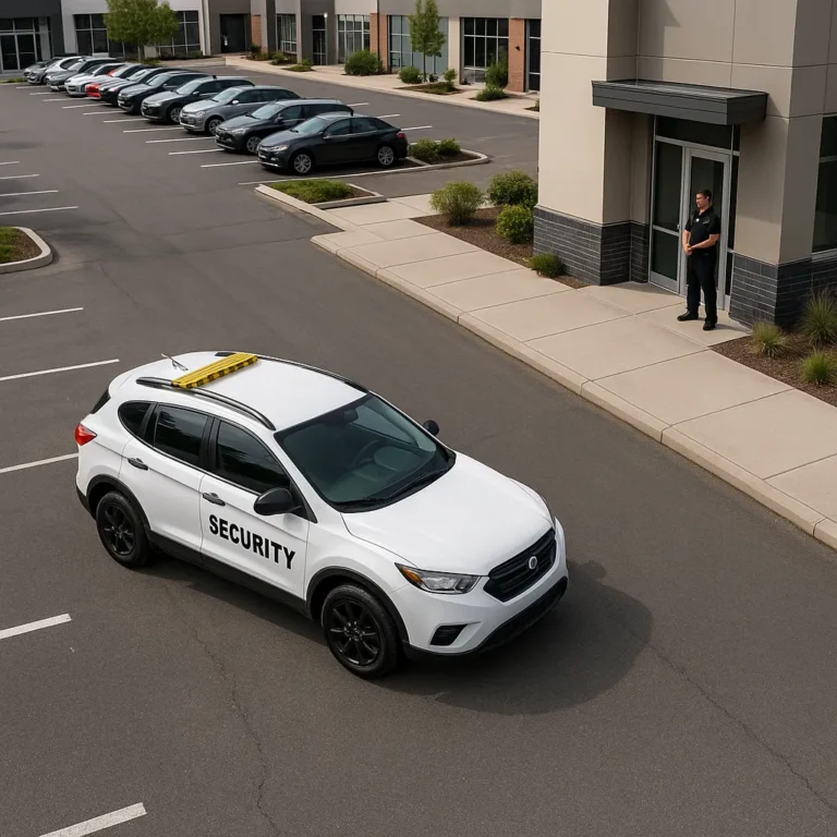 Mobile security patrol vehicle outside a commercial building